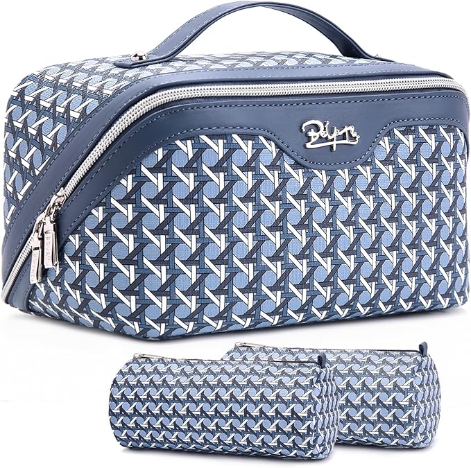 BOYATU Travel Makeup Bag Cosmetic Bags for Women: Large Capacity 3 Pcs Set Make up Bag with Compartments - Waterproof Vegan Leather Toiletry Organizer Bags with Handle (M-77Blue)