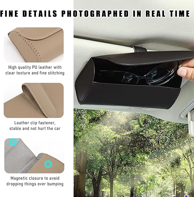 Ohleats Sunglasses Holder for Car Sun Visor, Leather Glasses Sun Visor Organizer Box with Hidden Magnetic Closure, Eyeglass Holder Clip Storage Case for Auto Visor, Car Accessories (Black)