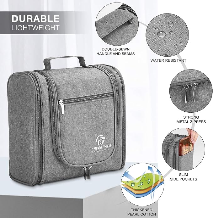Freegrace Extra Large Hanging Toiletry Bag for Men and Women - Water-Resistant Nylon Travel Bathroom Organizer for Cosmetics, Makeup, and Toiletries