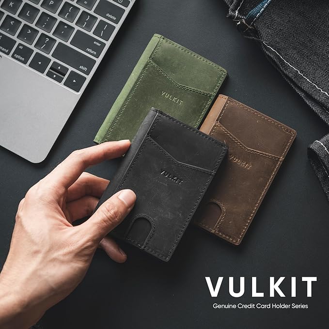 VULKIT Bifold Front Pocket Slim Wallet RFID Blocking Minimalist Thin Genuine Leather Credit Card Holder Wallet for Men and Women Black