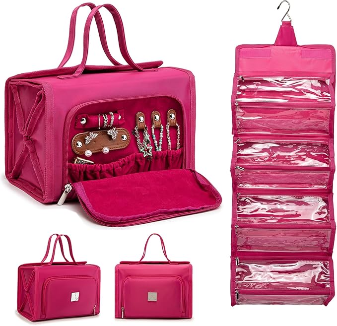 ROYALFAIR Roll Up Makeup Bag, Waterproof Toiletry Bag for Women, Hanging Travel Organizer bags with Jewelry Organizer Compartment, Extra Large 4 Clear TSA Approved Pouches Cosmetic Makeup (pink)