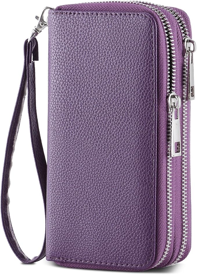 Cellphone Wallet for Women Dual Zipper Long Purse with Removable Wristlet