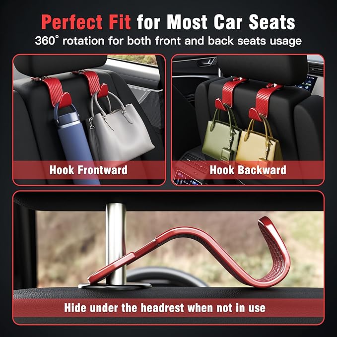 Amooca Car Seat Headrest Hook 4 Pack Hanger Universal Vehicle Car Storage Organizer for Handbag Purse Coat S Type Checkered Red