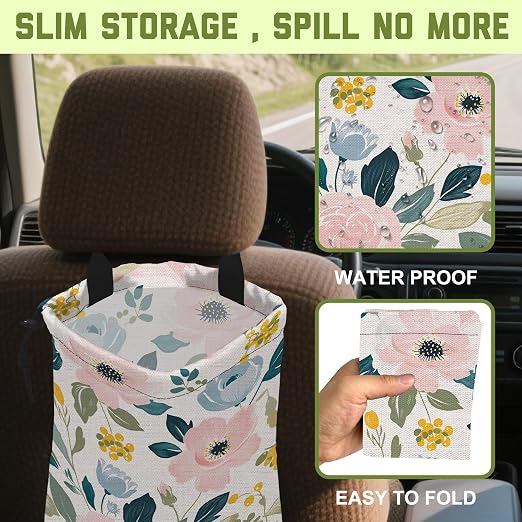 Car Garbage Bag Pink and Blue Rose Flowers Leak-Proof Waterproof Car Trash Bag with Drawstring Foldable Canvas Trash Bin with Adjustable Buckle for Car Accessories