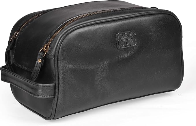 LEATHER VILLAGE Genuine Leather Toiletry Travel Bag With Waterproof Lining - Black | King-Size Handcrafted Vintage Dopp Kit Bag, Shaving & Bathroom Organizer, Gift for Men & Women