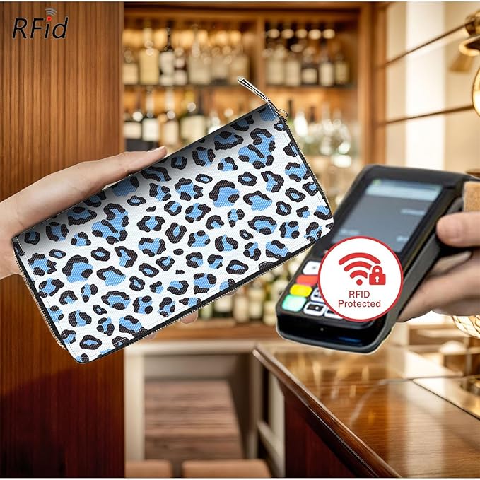 Bxgolkgd Womens Wallet, RFID Blocking Leather Wallet,Large Capacity Wallet Credit Card Holder PU Leather Ladies Clutch with Zipper Coin Pocket - Blue Leopard Print