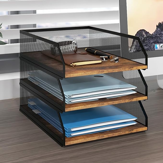 Natwind 3-Tier Stackable Metal Mesh Paper Organizer with Sliding Tray,Retro | Wooden Desk Organizer, Letter Tray For Desktop,File Holder For Home Office School Classroom Organization