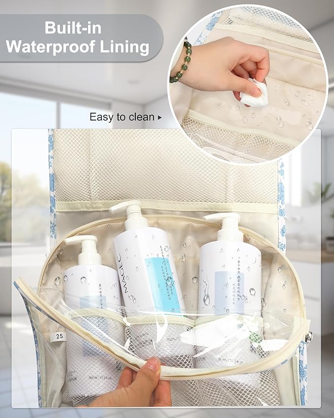 Relavel Travel Toiletry Bag with Hanging Hook, Floral Hanging Toiletries Bag for Women, Large Capacity Makeup Cosmetic Storage Organizer for Full Sized Container, Accessories - Blue Flower