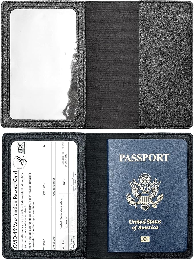 2 Pack Passport covers and Vaccine Card Holder PU Leather Passport Wallet Vaccine Case Protector Slot Travel Passport Wallets for Women & Men (Black&Blue)