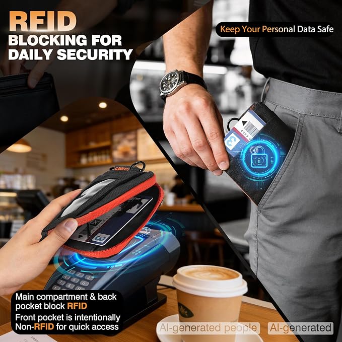 Coin Purse for Men, RFID Blocking 500D Nylon Small Wallet with Key Clip, Slim Front Pocket Card Holder, Zipper Coin Pouch & ID Window Organizer for Cards, Cash