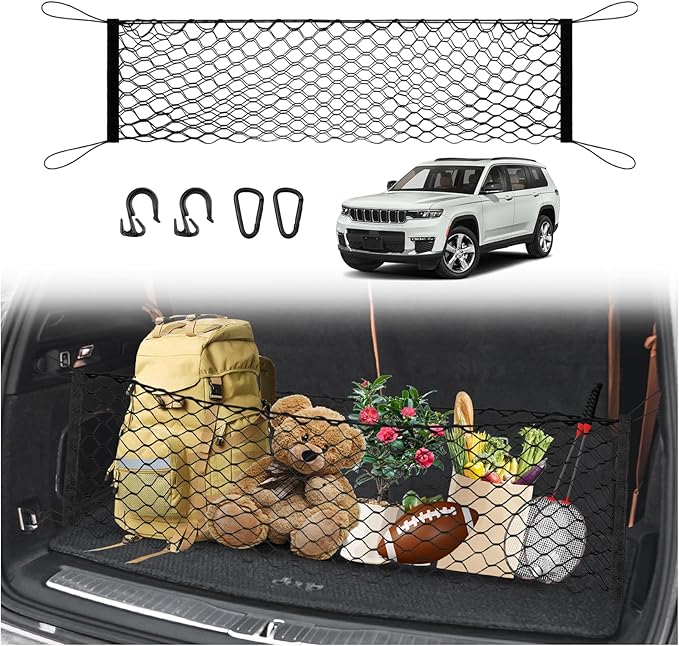 Karltys Cargo Net for Jeep Grand Cherokee L 2021-2026 Envelope Style | Elastic Mesh Net | Heavy Duty | Metal Hooks | Jeep Grand Cherokee L Trunk Net Accessories