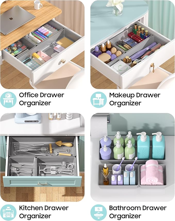 10 Pack Large Size Plastic Drawer Organizers Set, 3 Sizes Desk Drawer Organizer Trays, Storage Bins for Vanity, Makeup, Bathroom, Kitchen Utensils and Office (Gray)