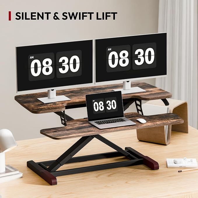 SANODESK 36" Standing Desk Converter, Height Adjustable Sit-Stand Computer Riser, Dual Monitor Workstation with Keyboard Tray, Ergonomic Tabletop, Rustic Brown