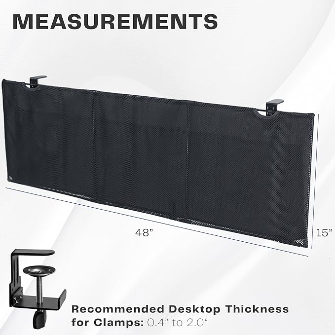 VIVO 48 Inch Clamp-on Privacy and Cable Management Organizer Sleeve, Wire Hider Kit Panel System, Desk Skirt, Black, DESK-SKIRT-48P