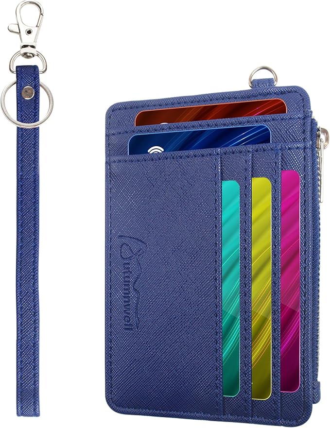 Credit Card Holder Wallet RFID Blocking Leather Small Wallet for Women Slim Minimalist Front Pocket Wristlet Wallets for Women （Navy Blue）