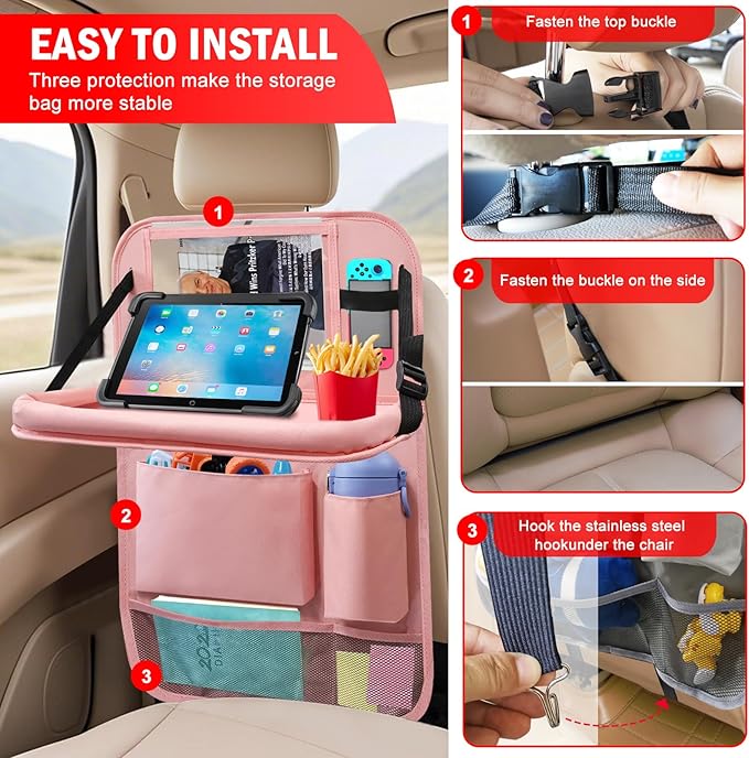 2Pack Car Backseat Organizer with Foldable Table Tray,6 Storage Pockets Car Storage Organizer with Tablet Holder,Car Seat Back Protectors Kick Mats Travel Accessories (Pink)