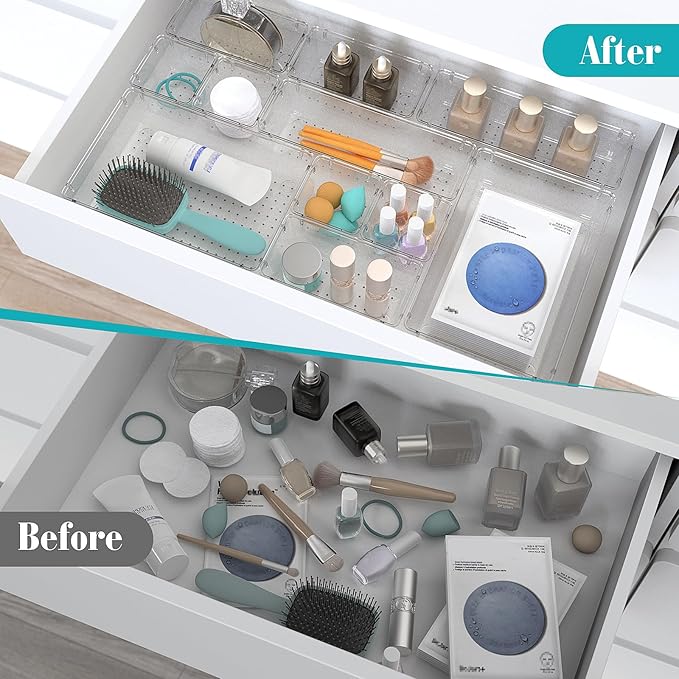 StorMiracle 28 PCS Clear Plastic Drawer Organizers Set, 4 Size Desk Drawer Organizer Trays for Makeup, Jewelry, Kitchen Utensils, Gadgets and Office Accessories