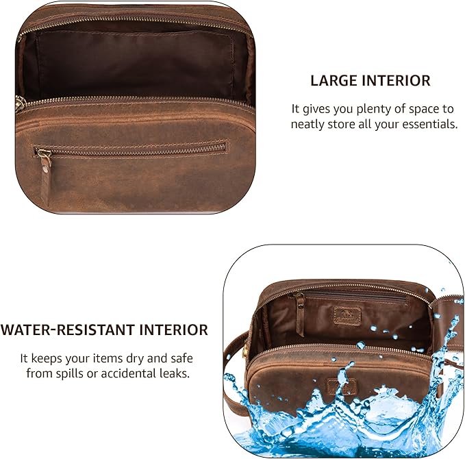 King-Size Premium Leather Toiletry Travel Pouch – Handcrafted Vintage Dopp Kit Bag with Waterproof Lining, Spacious Design for Travel Essentials - Brown