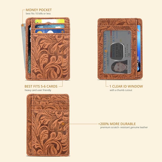 Real Leather Slim Minimalist Wallet for Men and Women -RFID Blocking Front Pocket Thin Credit Card Holder Stylish Wallets (Cognac1)
