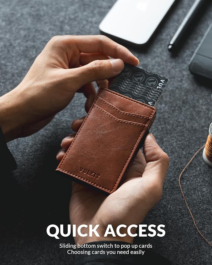 VULKIT Men's Slim Wallets Pop Up Card Holder RFID Blocking Metal Wallet Minimalist Design Holds Up to 11 Cards