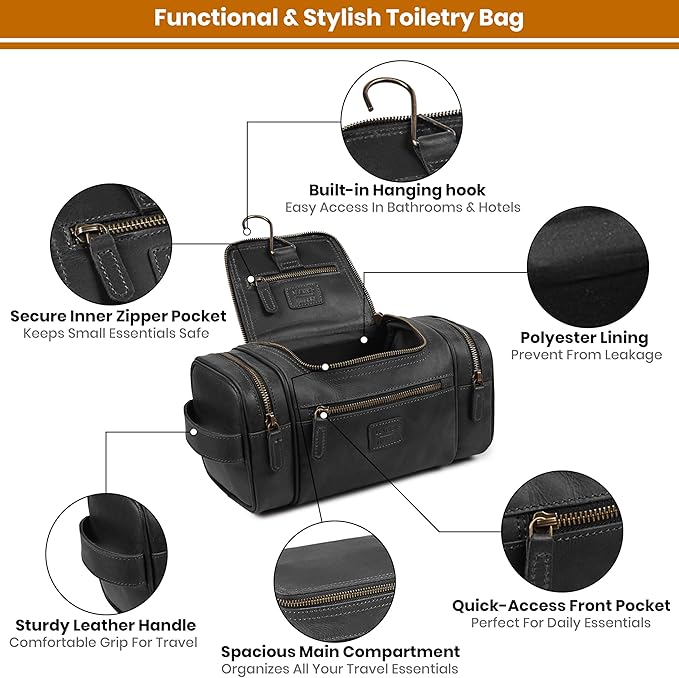 LEATHER VILLAGE Genuine Leather Travel Dopp Kit for Men & Women – Large Capacity Hanging Toiletry Bag with Water-Resistant Lining – Ideal for Travel, Grooming & Gym - Black