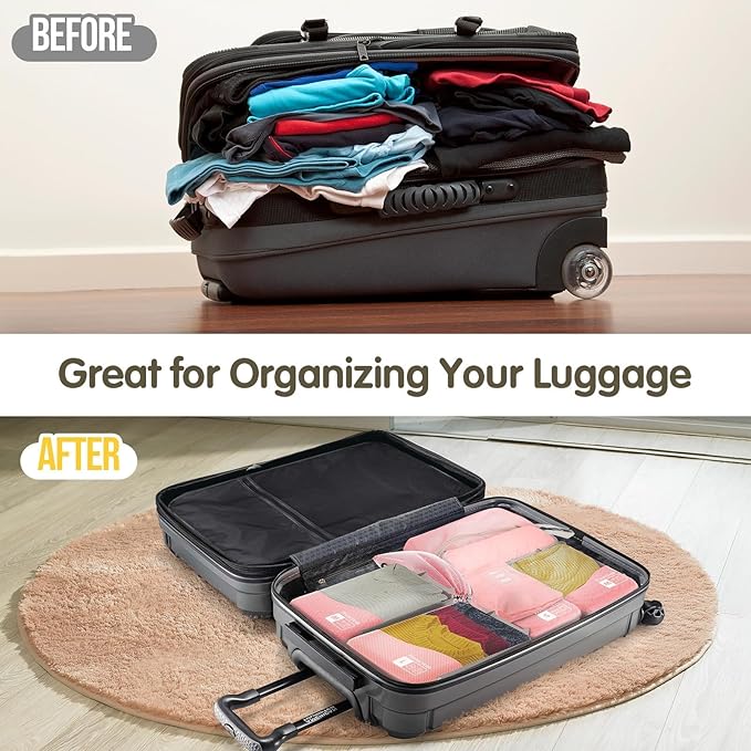 Compression Packing Cubes 8 Set, Dual Zipper Compression Packing Cubes for Travel, See-Through Mesh Packing Bags for Suitcases, Compression Travel Cubes with Shoe Bag (Pink)