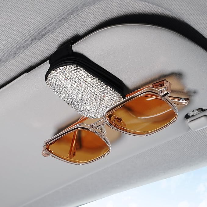 eing Magnetic Leather Sunglass Holder,Bling Crystal Eyeglass Hanger Clip for Car Sun Visor, Suitable for Different Size Eyeglasses, 1 - Pack White