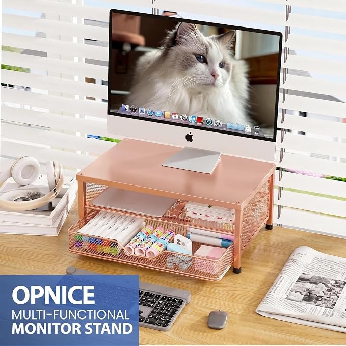 OPNICE Computer Monitor Stand Riser, Desk Organizer with Drawer, Printer & Laptop Stand, Office Desk Accessories & Workspace Desktop Organizers Storage for Office Supplies(Rose Gold)