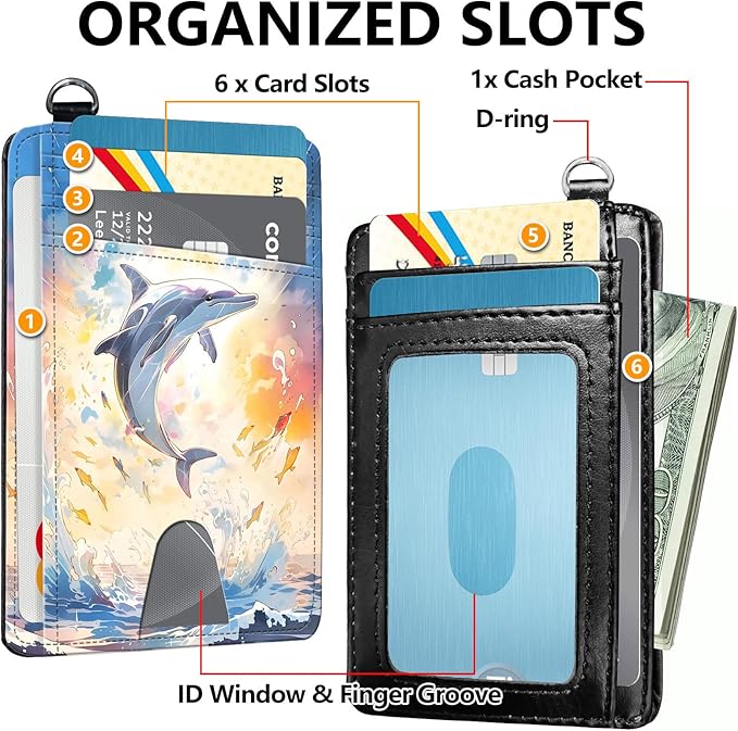 Slim RFID Blocking Card Holder Wallet with Wrist Strap - Minimalist Front Pocket Wallet, Dolphin 02 Design, PU Leathe, for Men & Women, Ideal for Travel & Gifts