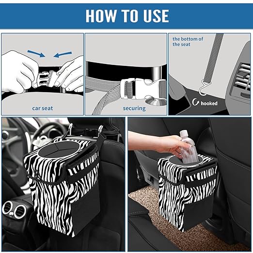 Car Trash Can Leopard Print Zebra Skin Wate-rproof Auto Garbage Bag Car Trash Can with Lid Leak-Proof Car Storage Bag Hanging for Headrest Collapsible and Portable with Storage Mesh Pocket
