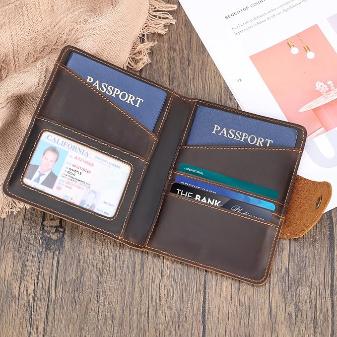 Polare Full Grain Leather Slim and Soft RFID Blocking wallet For Men Snap Bifold Travel Wallet Passport Holders 2 Passports (Dark Brown)
