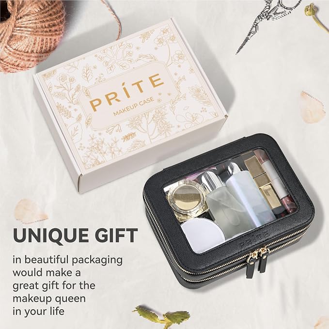 Prite Clear Makeup Bags Double Layer Cosmetic Bags with a Separate Brush Compartment Travel Makeup Bag for Women Travel Accessories Organizer for Purse(Black)