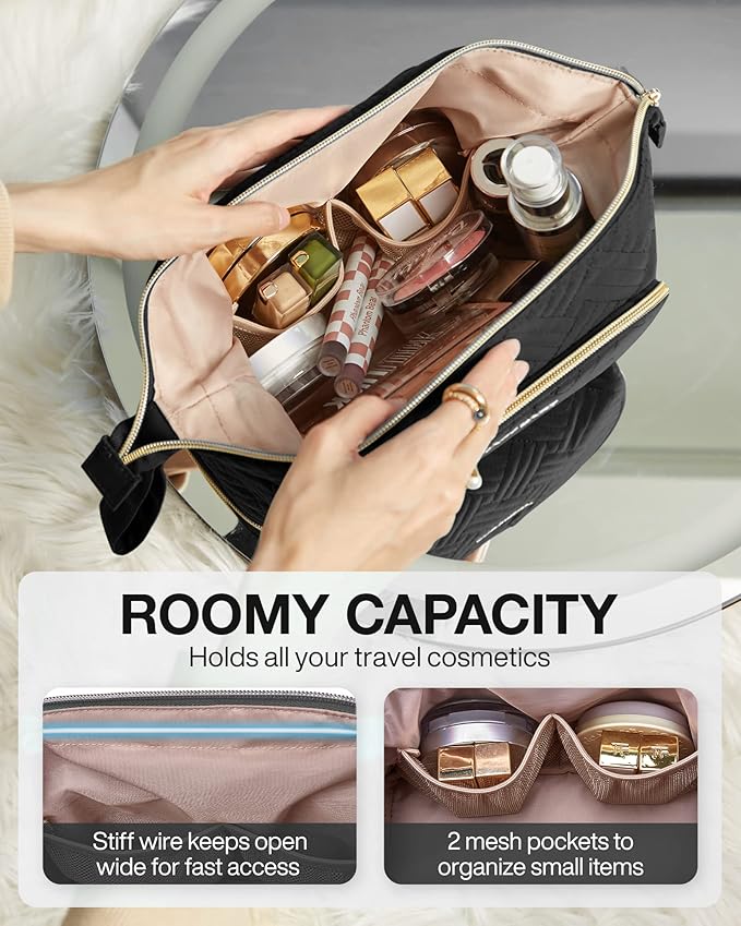 BAGSMART Travel Makeup Bag, Cosmetic Bag Make Up Organizer Case, Large Wide-open Pouch for Women Double Layers Purse for Toiletries Accessories Brushes Black