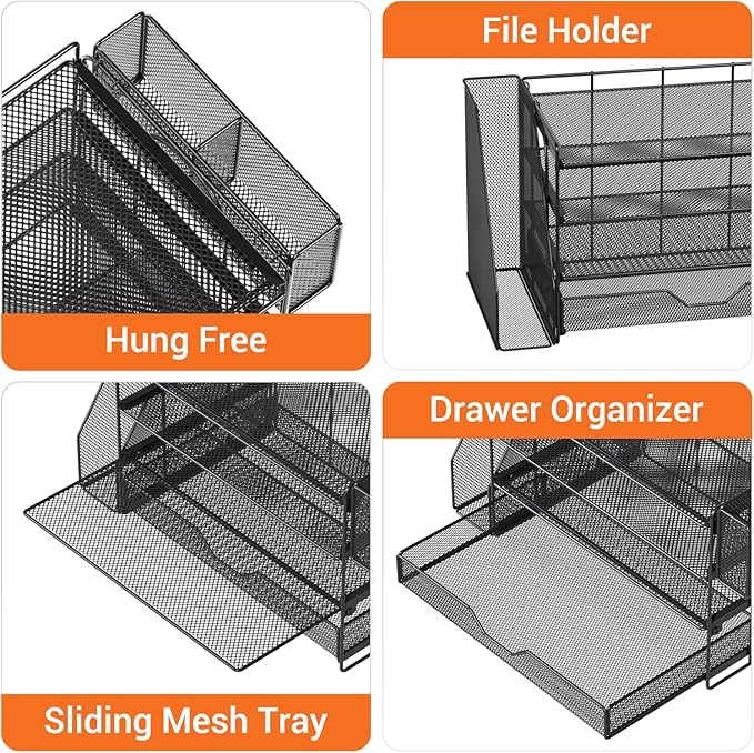 OPNICE Desk Organizers and Accessories, 4-Tier Workspace Desktop File Organizer with Drawer & Pen Holder, Paper Tray Organizer with File Holder, Office Desk Accessories for Home Office Supplies, Black