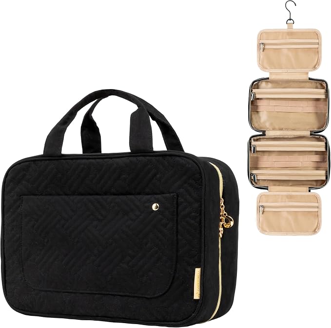 Carrywell Travel Toiletry Bag for Women with Hanging Hook, Makeup Organizer Case, Water-Resistant Cosmetic Bag For Full-size Containers, Toiletries, Black Large+, Not Made In China