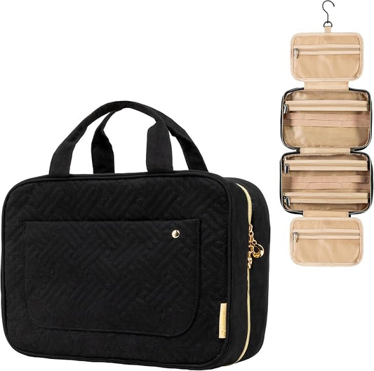 Carrywell Travel Toiletry Bag for Women with Hanging Hook, Makeup Organizer Case, Water-Resistant Cosmetic Bag For Full-size Containers, Toiletries, Black Large+, Not Made In China