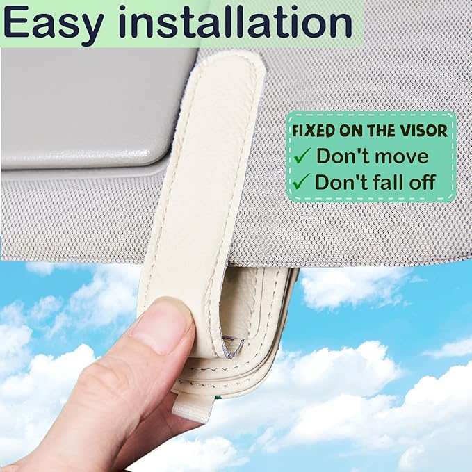 Sunglasses Holder for Car Visor - Universal Car Eyeglass Glasses Magnetic Clip - 2 Pack Leather Car Convenient and Fashion Sunglass Organizer Hanger Clip Ticket Card Clip Interior Accessories (Beige)