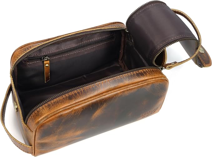 Toiletry Bag | Leather Dopp Kit for Men & Women with Multiple Compartments, Water-Resistant, Durable, Stylish | Portable Grooming Organizer for Shaving, Makeup, Essentials (Brown)