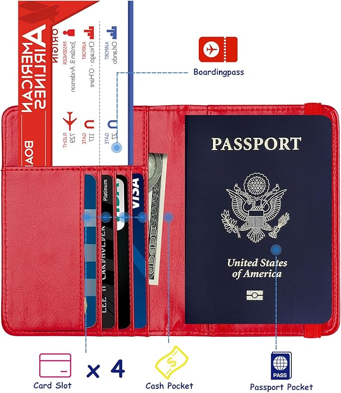 TOURSUIT Rfid Blocking Passport Holder for Women Men, Leather Passport Travel Wallet with 3D Metal Badge, Travel Document Holder Cover Accessories (Red)