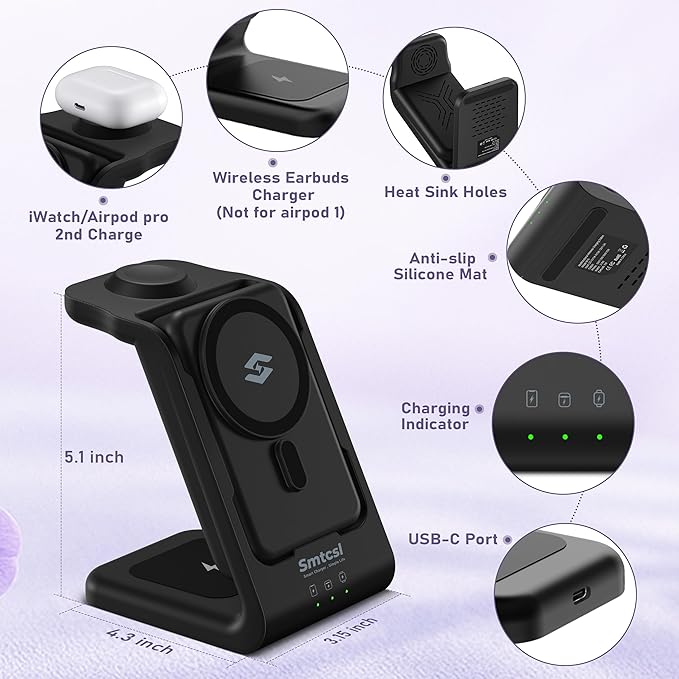 Smtcsl 3 in 1 Wireless Charging Station: 10000mAh Removable Power Bank Charger Stand for Phone/Watch/Air Pods - Portable Magnetic Battery Pack for Air 17 16 15 14 13 12 Series
