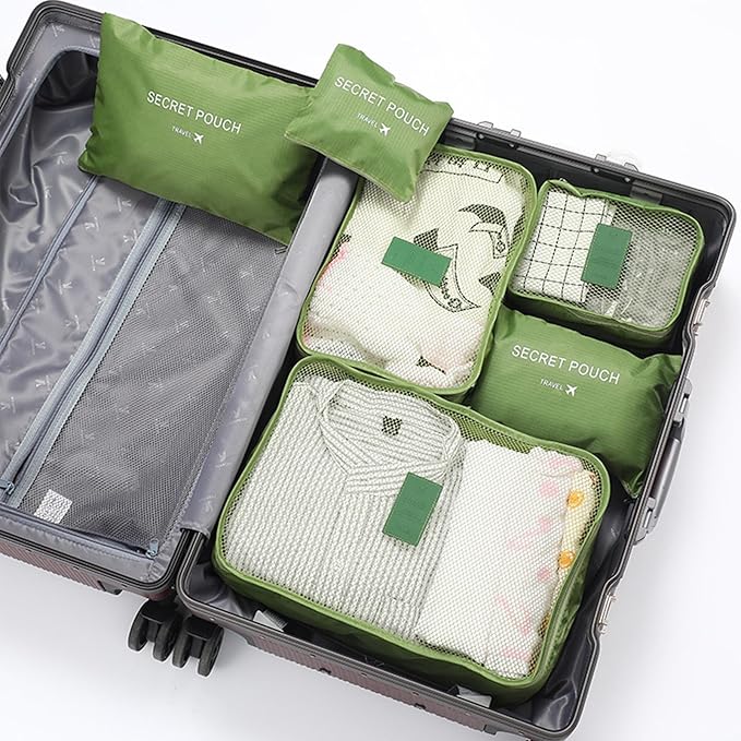 6 Set Packing Cubes with Laundry Pouch - Travel Luggage Organizer Bags for Luggage, Carry-On Suitcase Clothes Compression (Green)