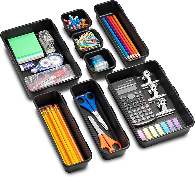 Interlocking Drawer Organizer Bins 8 Piece, Desk Junk Drawer Tray - Masirs | Tool Box Organizer Tray, Kitchen Office Garage, Modular Plastic, 3 Sizes (2 Lg 3 Med 3 Sm), Black, Custom Layout