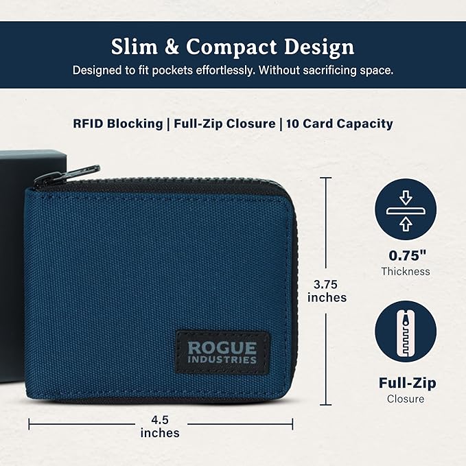 ROGUE WALLET Interior Genuine Leather Wallets for Men - RFID Blocking Robust Outer Nylon Wallets - Full Cash Slot and Expandable Coin Pouch - Gift for Men (Navy)