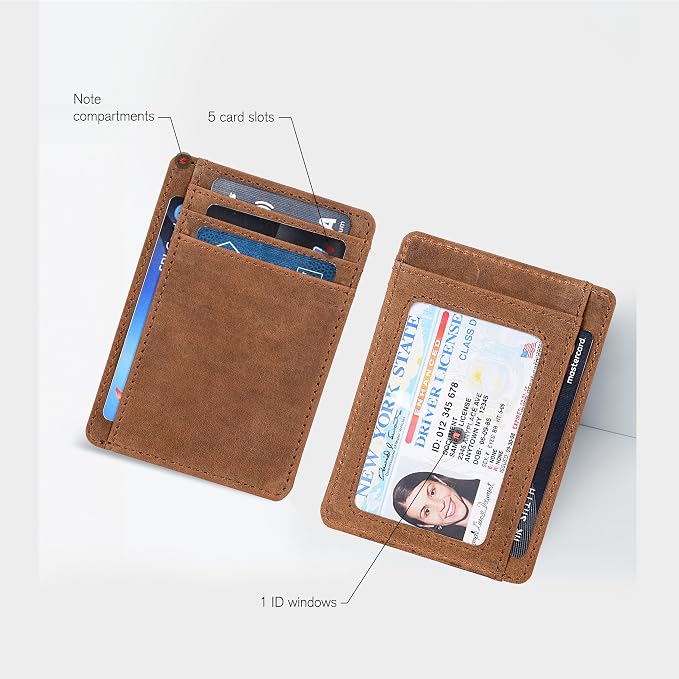 Real Leather Slim Minimalist Wallet for Men and Women -RFID Blocking Front Pocket Thin Credit Card Holder Stylish Wallets (Dark Cognac)