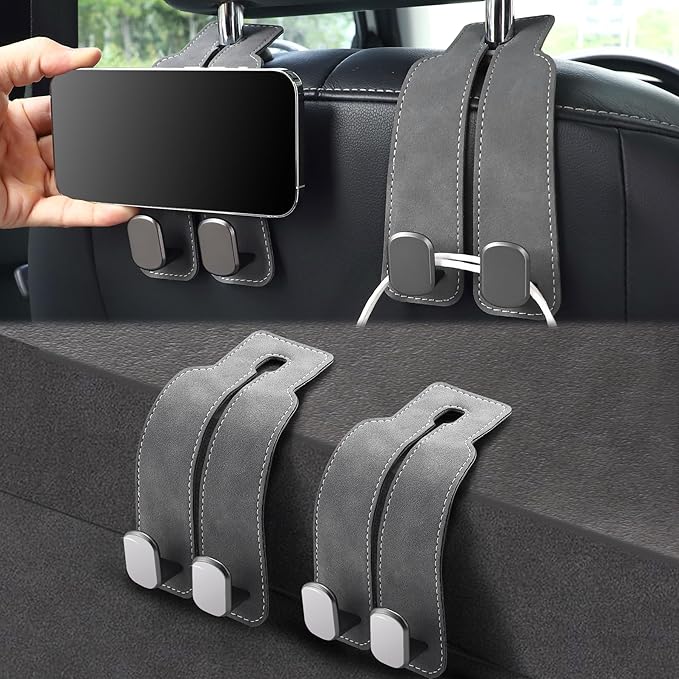 LivTee Headrest Purse Hook for Car, Seat Hook Hangers Storage Organizer for Bags and Coats Holder, Upgrade Leather Double Hook and Mobile Phone Holder for Universal Vehicle Car Accessories(Grey-2PCS)