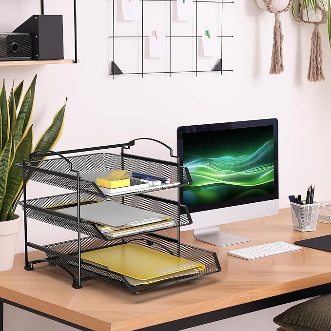 Simple Houseware 3-Tier Stackable and Sliding Desktop Document Letter Tray Organizer, Black