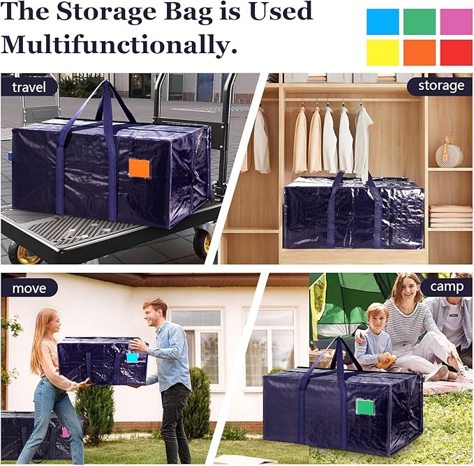 12 Pack Moving Bags with Full-Open Side Zipper, Extra Large 93L Heavy Duty Waterproof Foldable Storage Totes for College Dorm, Moving & Home OrganizationDarkBlue