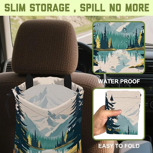 Car Trash Bag Mountain and River Forest Leak-Proof Waterproof Car Garbage Bag with Drawstring Foldable Canvas Trash Bin with Adjustable Buckle for Car Accessories, Travelling, Camping
