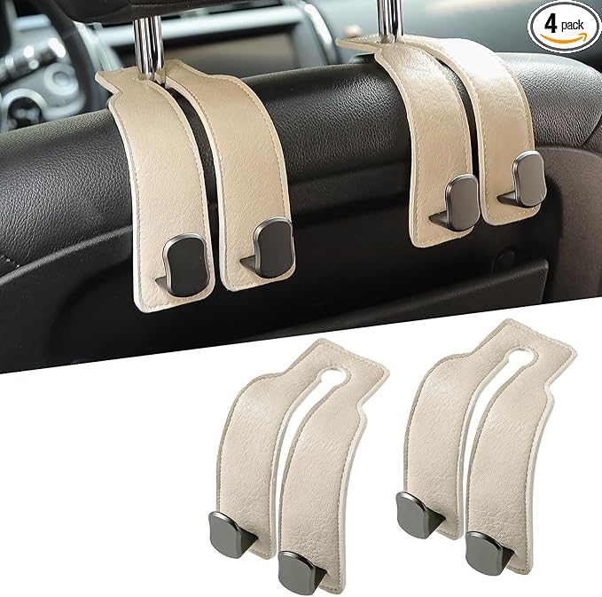 KINIVA Car Seat Headrest Storage Hooks, Set of 2, Suede PU Leather, Double Hooks (06-White)