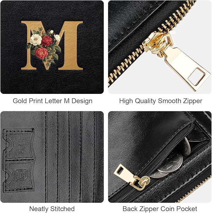 Passport Holder Cover Wallet with Zipper Personalized Initial Letter M Rose Flower RFID Blocking Travel Wallets Credit Cards Holder for Women, Gift for Wife and Girlfriend,M